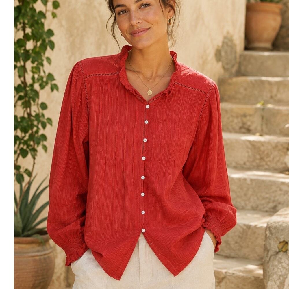 Faherty Organic Cotton Blouse Orange Red Pintuck Lace Inset Lightweight Boho S